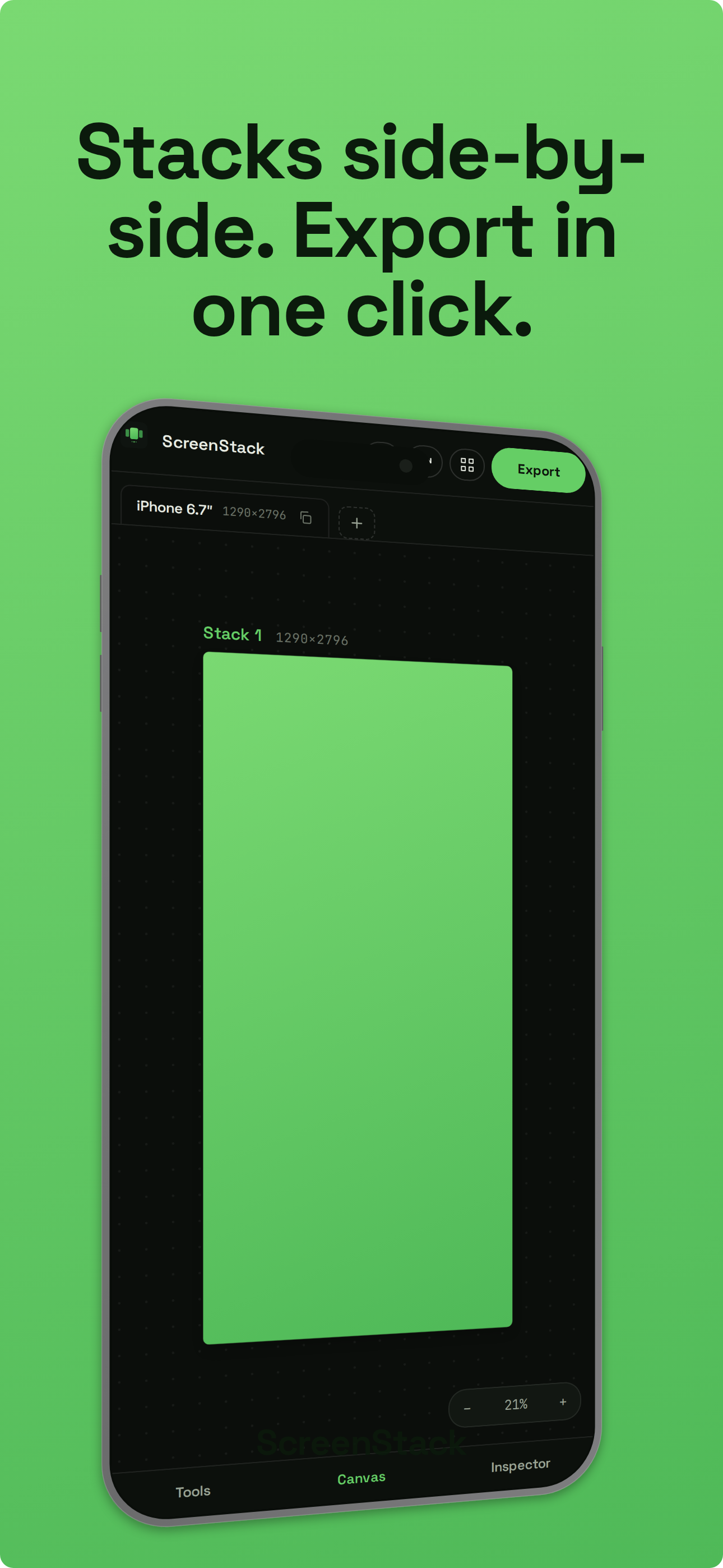 ScreenStack landing page hero shown inside an iPhone 16 Pro Max device frame